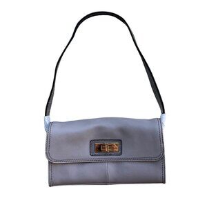 Isaac Mizrahi Lavender Gray Genuine Leather Flap Satchel Shoulder Bag Turn Lock